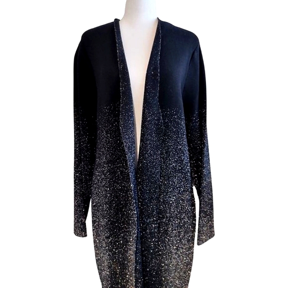 Black Metallic Silver Shimmer Long Cardigan Star Dust Ombre Sparkle - Picture 1 of 13